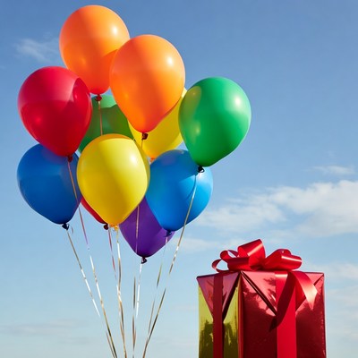 Colorful balloons and gift in sky
