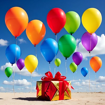 Colorful balloons and gift box in clear sky