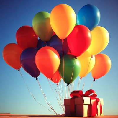 Colorful balloons with gift box in bright sky