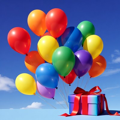 Colorful balloons and present on blue sky