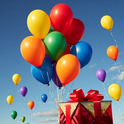 Colorful balloons and gift box in the sky