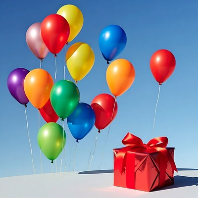 Colorful balloons and a gift in the sky