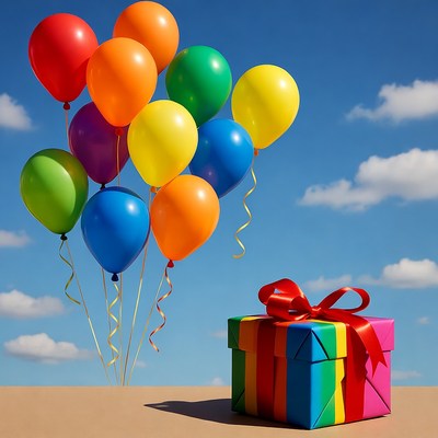 Colorful balloons with gift box in sky