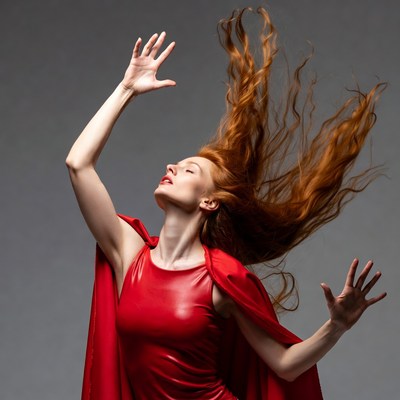 Woman dancing with flowing hair in red