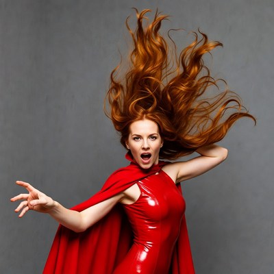 Model in red cape poses dramatically