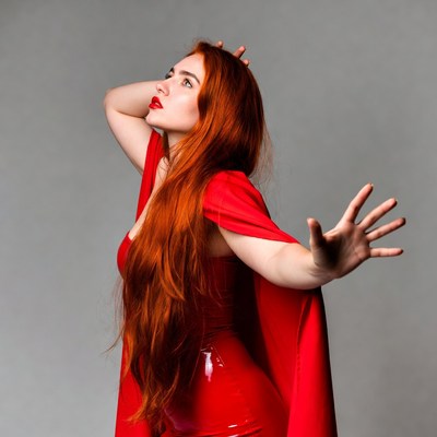 Red dress model poses in studio light