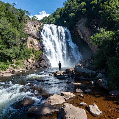 Waterfall view with person standing