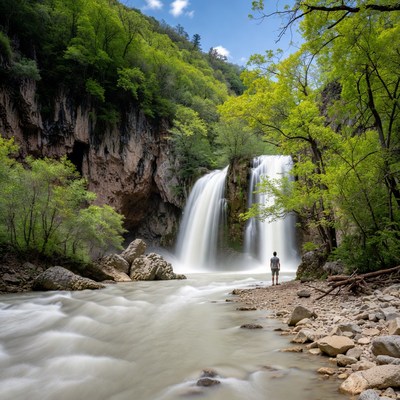 Waterfall near river with person standing