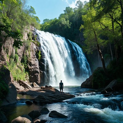 Waterfall view with person by river