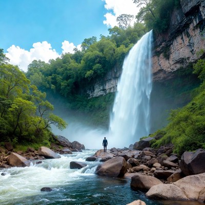 Waterfall near river with person