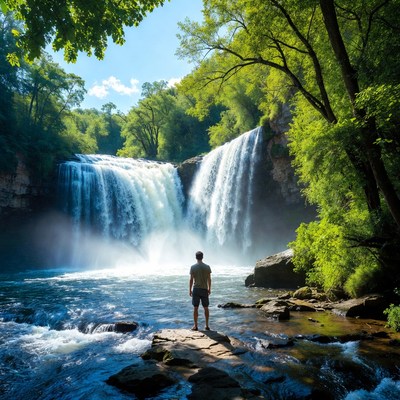 Waterfall view with person standing near river