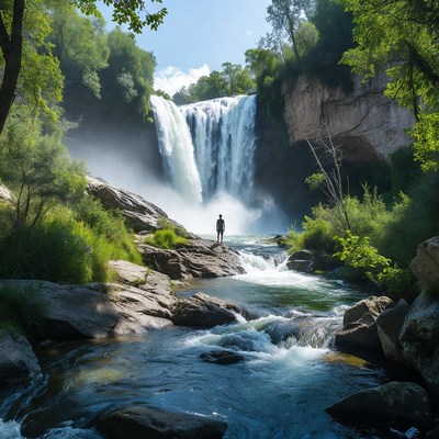 Waterfall and figure in nature scene