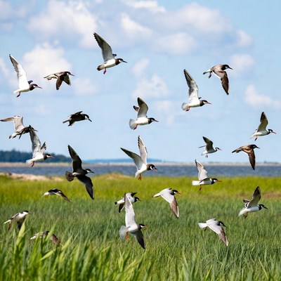 Birds flying over green grass
