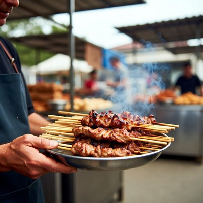 Grilled skewers at market stall
