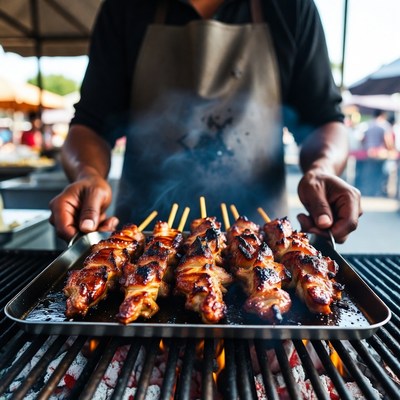 Grilling skewers at a market