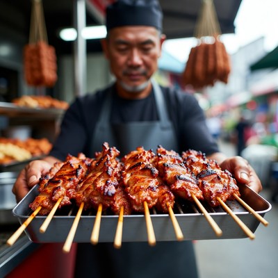 Man serving grilled meat skewers outdoors