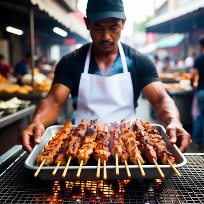 Street vendor grilling skewers in market