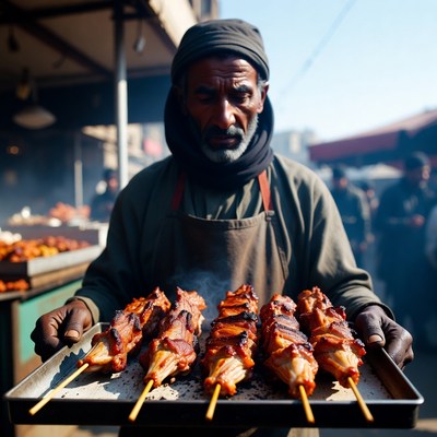 Street vendor sells grilled meat skewers