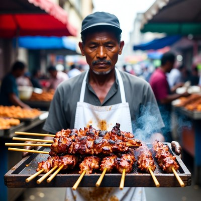 Vendor sells grilled meat skewers in market