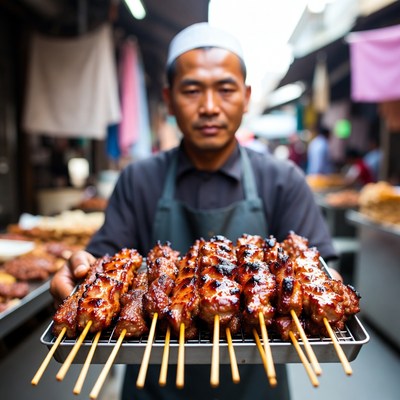 Man grilling skewers in market