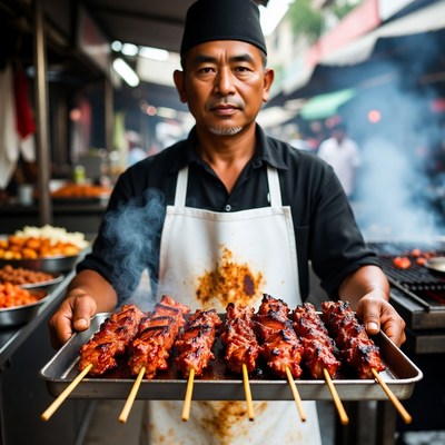 Street vendor grilling skewers in the market