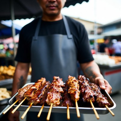 Street vendor sells grilled skewers in market