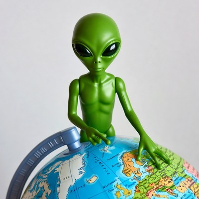 Alien toy explores earth globe