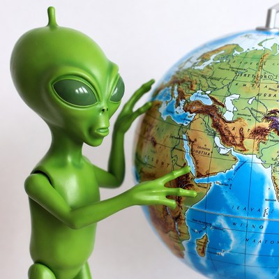 Green alien looks at globe map