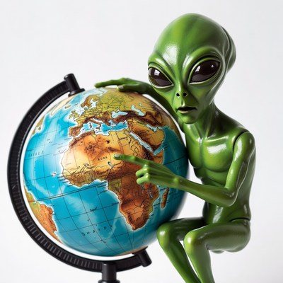 Alien figure points at globe