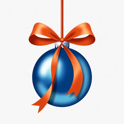 Blue ornament with orange ribbon hanging