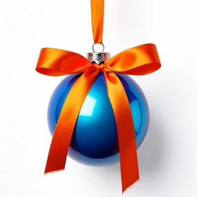 Blue ornament with orange ribbon hanging