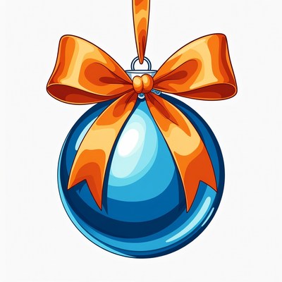 Bright blue ornament with orange ribbon