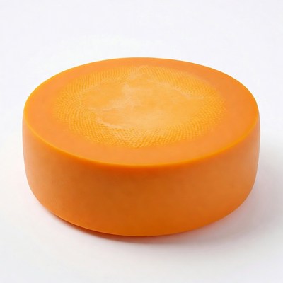 Cheese round on white surface