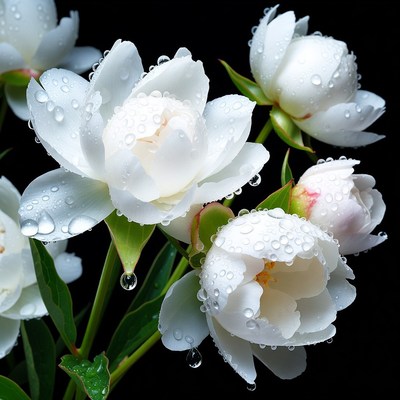 White flowers with water droplets on black