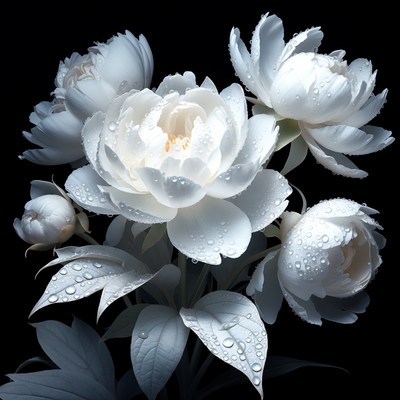 White flowers with water droplets on black