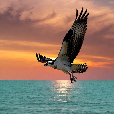 Osprey hunts over ocean at sunset