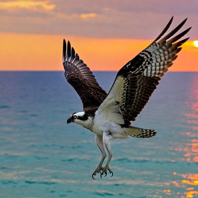 Osprey flying over water at sunset