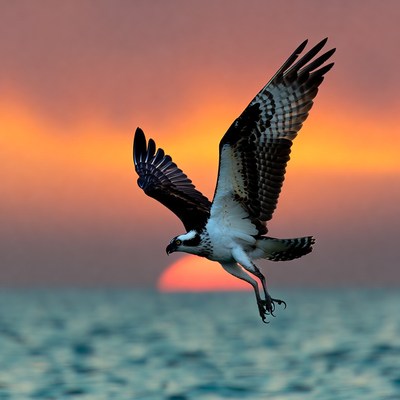 Osprey flying over ocean at sunset
