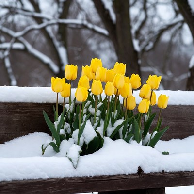Flowers bloom in snowy setting