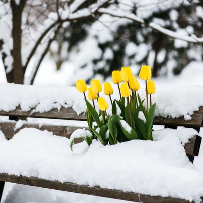 Yellow tulips on snowy bench