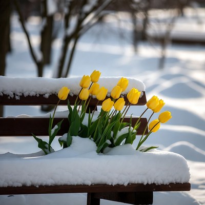 Yellow tulips on snow-covered bench