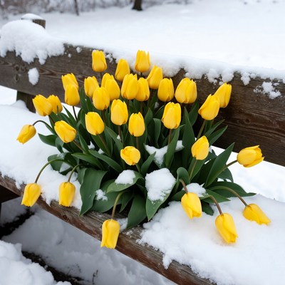 Yellow tulips on snowy bench