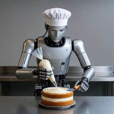 Robot decorating a cake in kitchen
