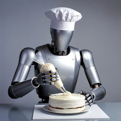 Robot chef decorating a cake
