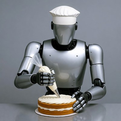 Robot decorates cake for event in kitchen