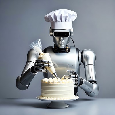 Robot baker decorates cake in kitchen