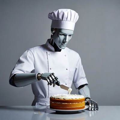 Robot chef decorating a cake