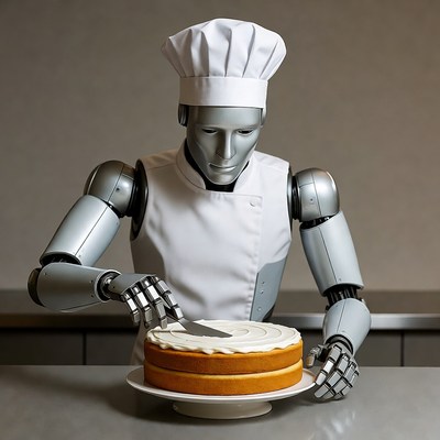 Robot baker prepares a cake