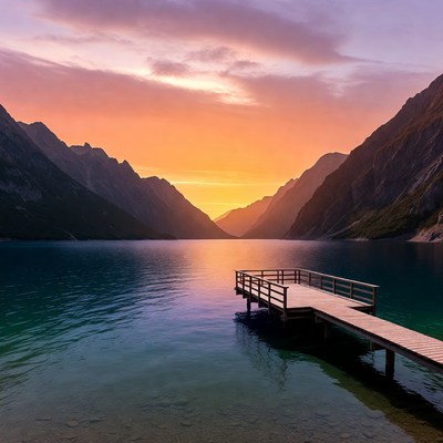 Sunset over mountain lake with pier
