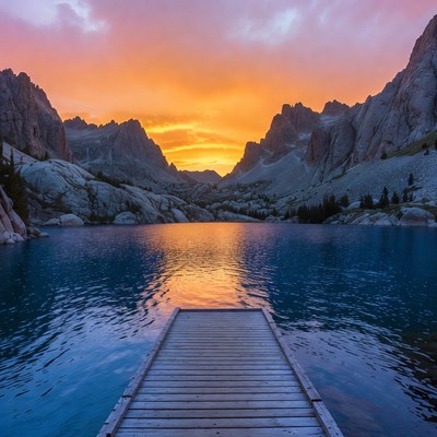 Sunset over mountain lake dock